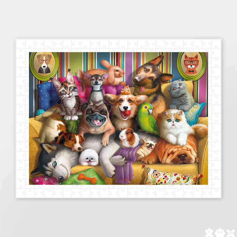 PieceRelax | 300 piece puzzle. Delight in the 'Cute Pet Portrait' puzzle. This charming scene showcases a joyful group of pets, including dogs, cats, and even a parrot. 