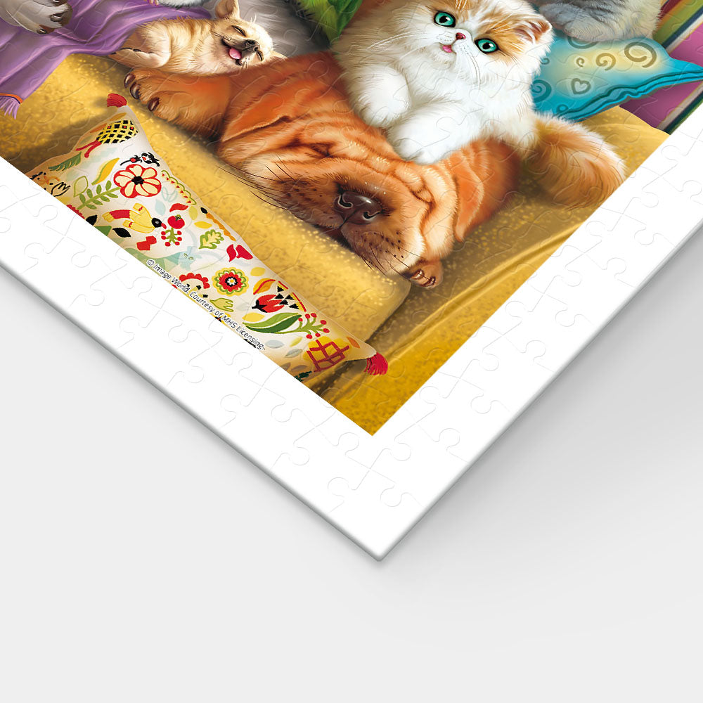 PieceRelax | 300 piece puzzle. Delight in the 'Cute Pet Portrait' puzzle. This charming scene showcases a joyful group of pets, including dogs, cats, and even a parrot. 