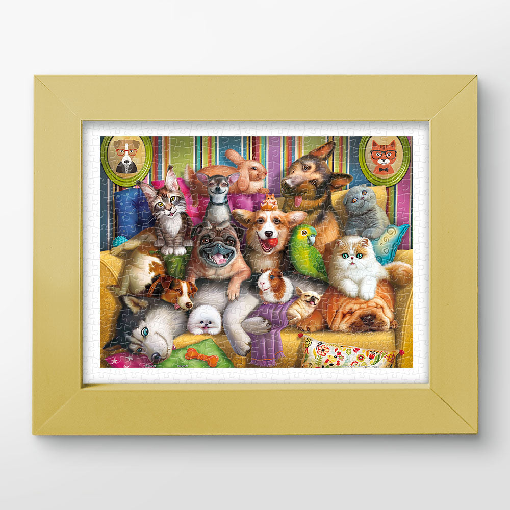 PieceRelax | 300 piece puzzle. Delight in the 'Cute Pet Portrait' puzzle. This charming scene showcases a joyful group of pets, including dogs, cats, and even a parrot. 