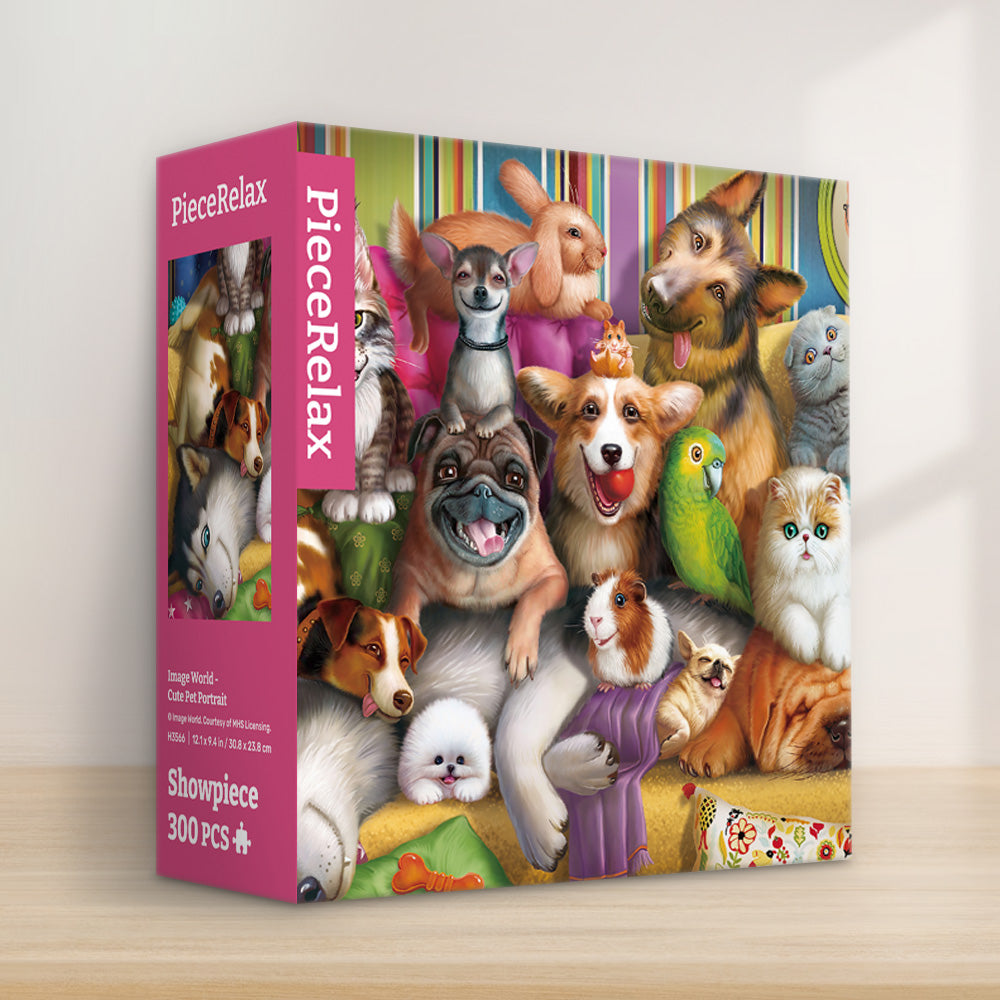 PieceRelax | 300 piece puzzle. Delight in the 'Cute Pet Portrait' puzzle. This charming scene showcases a joyful group of pets, including dogs, cats, and even a parrot. 