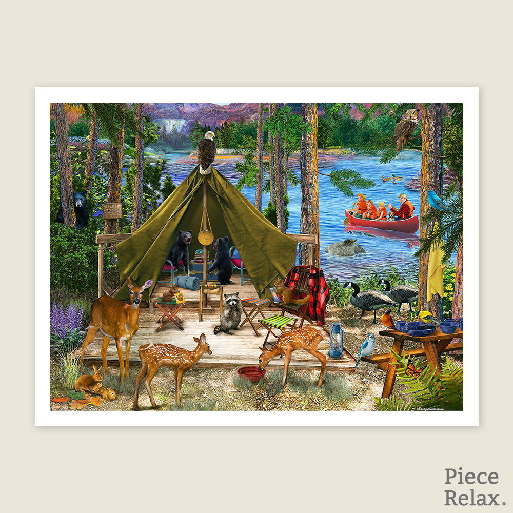 PieceRelax | 1200 piece puzzle. Experience the wonders of nature with PieceRelax puzzle. Featuring a cozy campsite surrounded by woodland creatures like deer and bears, PieceRelax ensures you'll always get there, enjoying every piece of this vibrant scene. 