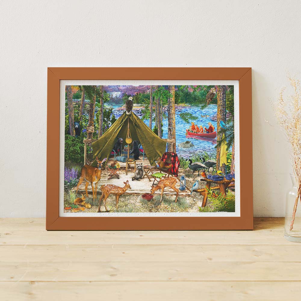 PieceRelax | 1200 piece puzzle. Experience the wonders of nature with PieceRelax puzzle. Featuring a cozy campsite surrounded by woodland creatures like deer and bears, PieceRelax ensures you'll always get there, enjoying every piece of this vibrant scene. 