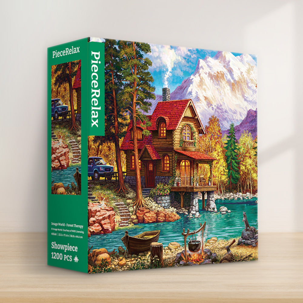 PieceRelax | 1200 piece puzzle. Escape to tranquility with PieceRelax puzzle. This picturesque scene includes a cozy cabin by the lake and a majestic mountain backdrop. 