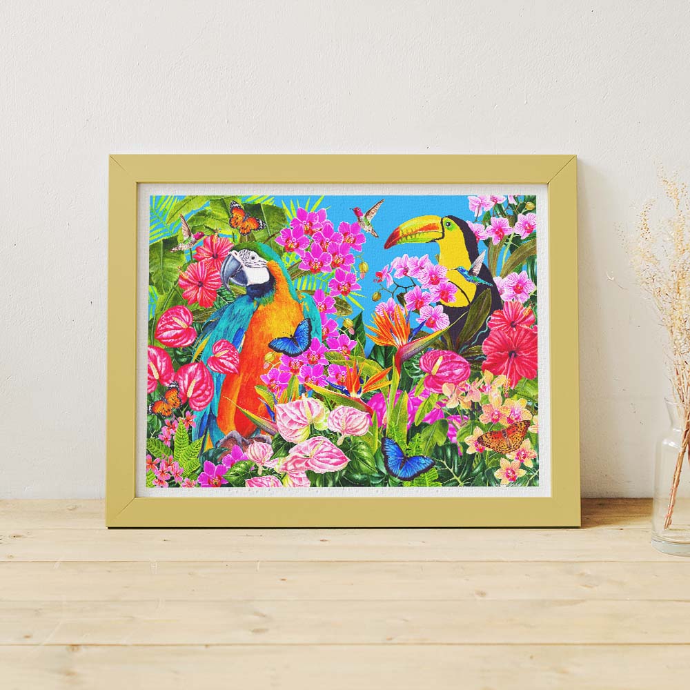 PieceRelax | 1200 piece puzzle. Discover the vibrant colors of 'Tropical Paradise' with PieceRelax. This lively scene is filled with exotic flowers and birds, bringing a burst of tropical life into your home. 