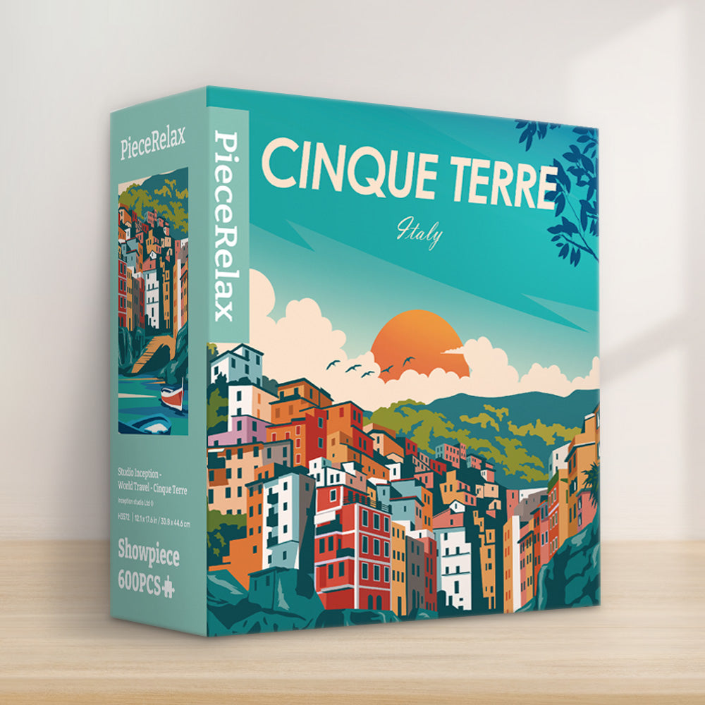 PieceRelax | 600 piece puzzle. Discover the charming of Cinque Terre with PieceRelax. A picturesque Italian coastal village bathed in sunset hues. You'll always get there, enjoying the vibrant colors and serene beauty.