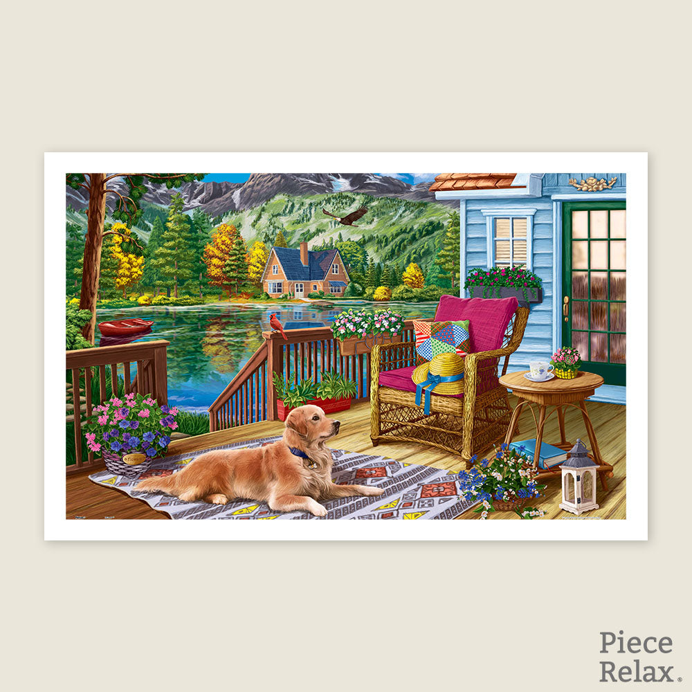 PieceRelax | 1000 piece puzzle. Featuring a cozy dog and serene scenery, PieceRelax ensures a delightful experience. 