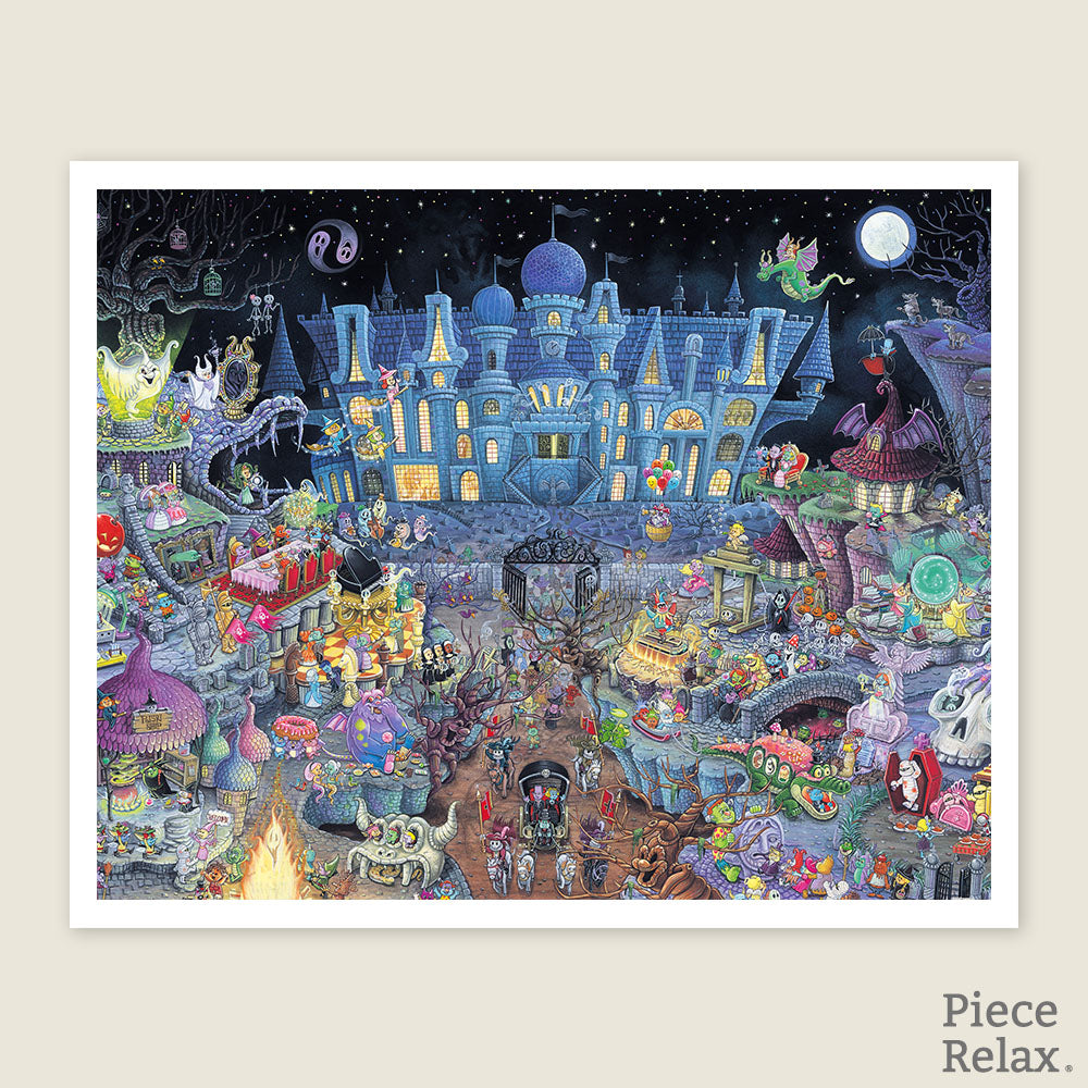 PieceRelax | 2000 piece puzzle. Featuring an intricately detailed haunted mansion filled with whimsical characters and spooky scenes, this puzzle promises hours of fun and excitement. Perfect for the spooky season, PieceRelax ensures an unforgettable puzzling adventure.