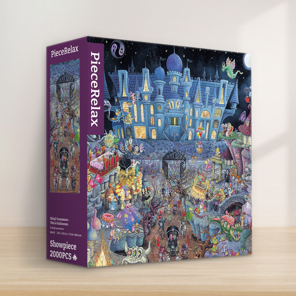 PieceRelax | 2000 piece puzzle. Featuring an intricately detailed haunted mansion filled with whimsical characters and spooky scenes, this puzzle promises hours of fun and excitement. Perfect for the spooky season, PieceRelax ensures an unforgettable puzzling adventure.