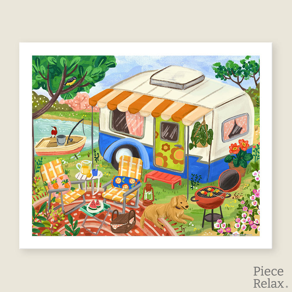 PieceRelax|Escape to the great outdoors! Enjoy the peaceful scene of a cozy camper, BBQ, and lakeside fishing, perfect for puzzle lovers who dream of a relaxing getaway. Piece by piece, you’ll discover joy, because at PieceRelax, you’ll always get there.