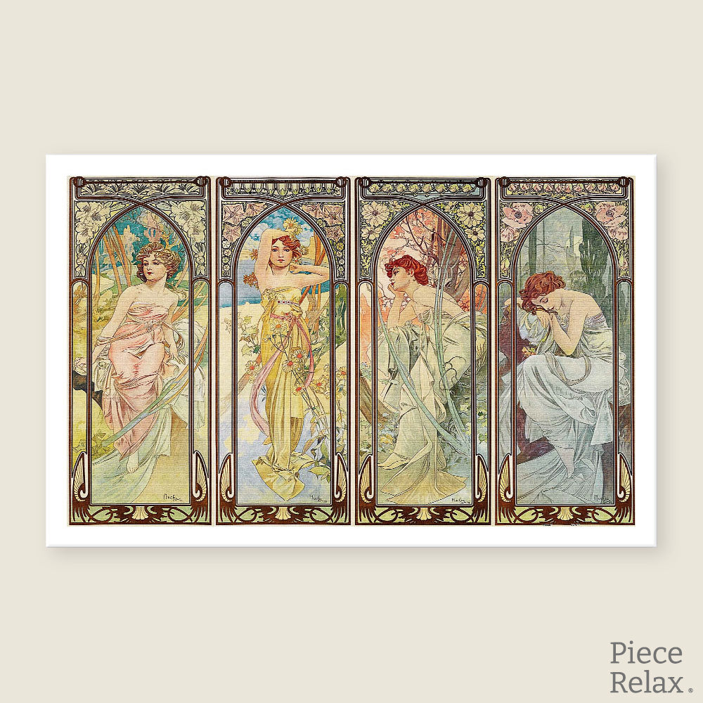 PieceRelax | Discover the elegance of Alphonse Mucha’s The Times of the Day with PieceRelax's 1000-piece puzzle. Each section captures a unique moment of the day, bringing you closer to Mucha's enchanting world.