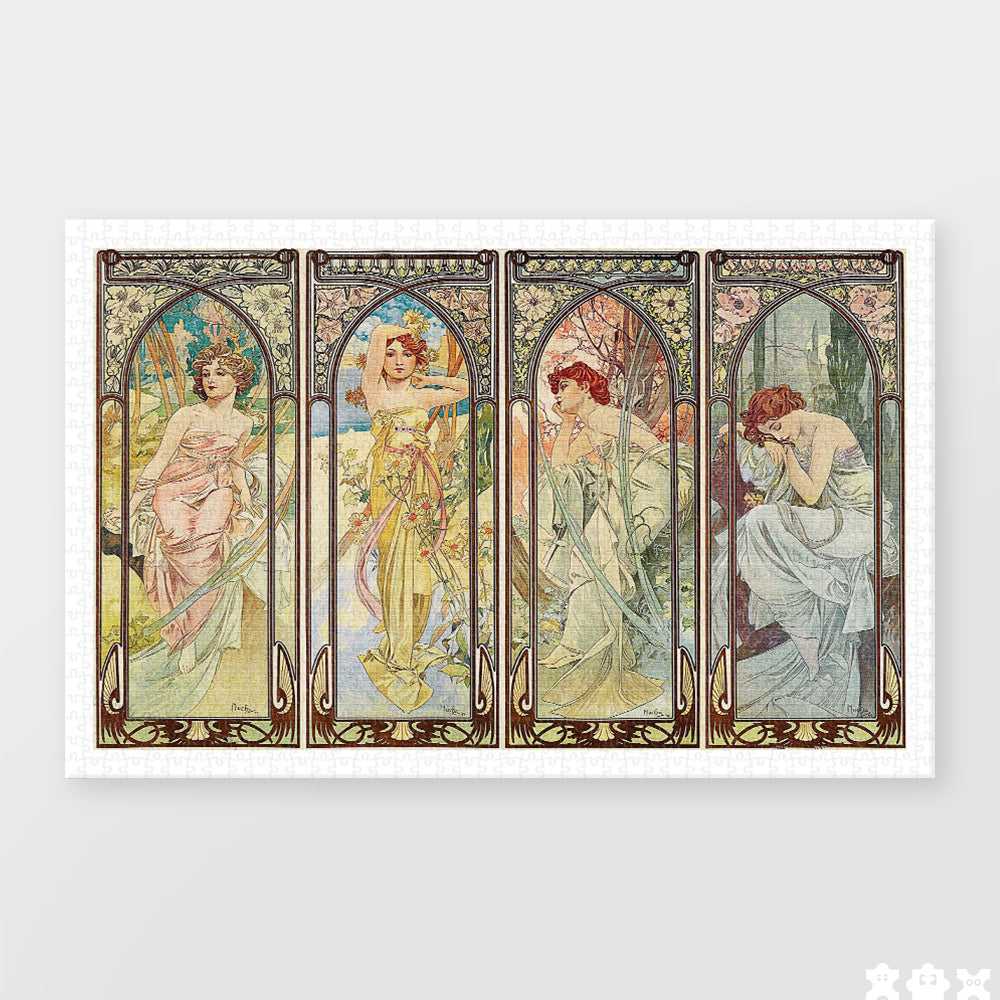 PieceRelax | Discover the elegance of Alphonse Mucha’s The Times of the Day with PieceRelax's 1000-piece puzzle. Each section captures a unique moment of the day, bringing you closer to Mucha's enchanting world.