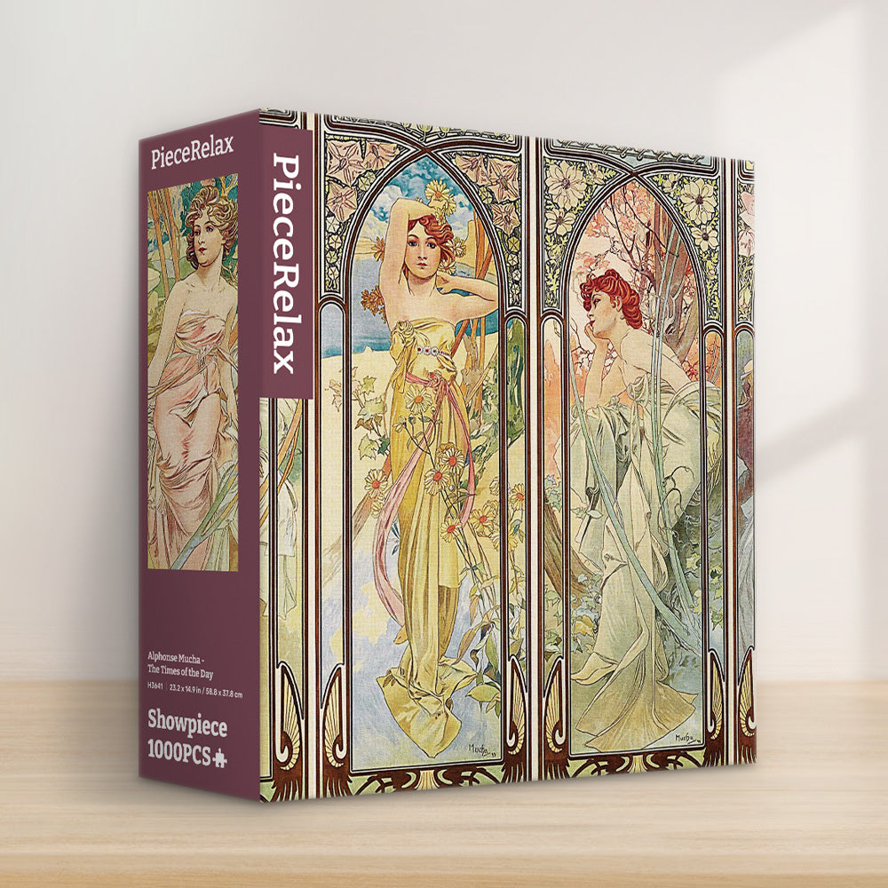 PieceRelax | Discover the elegance of Alphonse Mucha’s The Times of the Day with PieceRelax's 1000-piece puzzle. Each section captures a unique moment of the day, bringing you closer to Mucha's enchanting world.