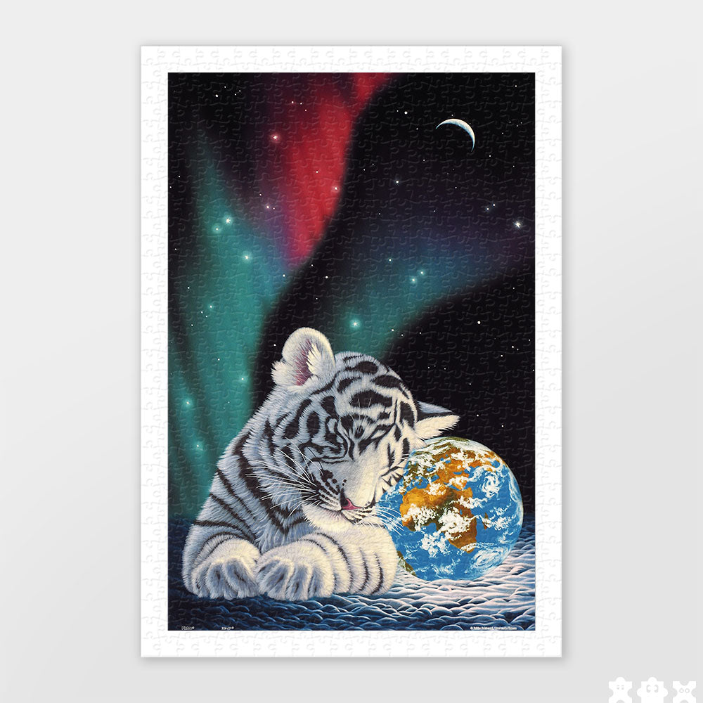 This enchanting 600-piece puzzle showcases a serene snow leopard cub cuddling the Earth, under the magical glow of the Northern Lights. Piece by piece, let the beauty of our world unfold. With PieceRelax, you’ll always get there.