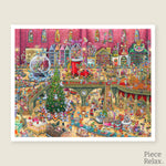 This lively 2000-piece puzzle bursts with holiday cheer, capturing the bustling activity of Santa's workshop filled with toys, decorations, and joyful elves. 