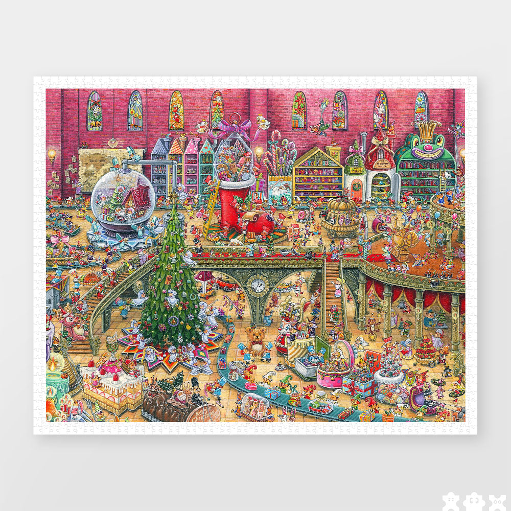 This lively 2000-piece puzzle bursts with holiday cheer, capturing the bustling activity of Santa's workshop filled with toys, decorations, and joyful elves. 