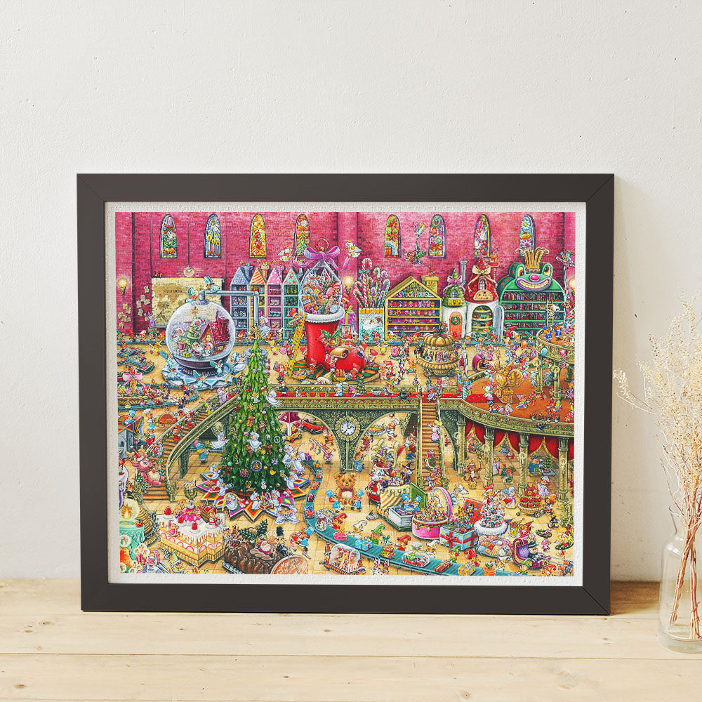 This lively 2000-piece puzzle bursts with holiday cheer, capturing the bustling activity of Santa's workshop filled with toys, decorations, and joyful elves. 