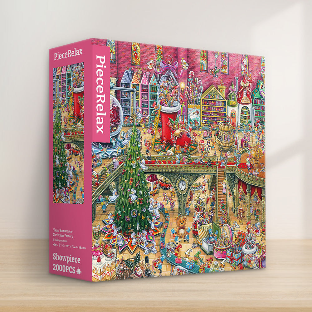 This lively 2000-piece puzzle bursts with holiday cheer, capturing the bustling activity of Santa's workshop filled with toys, decorations, and joyful elves. 