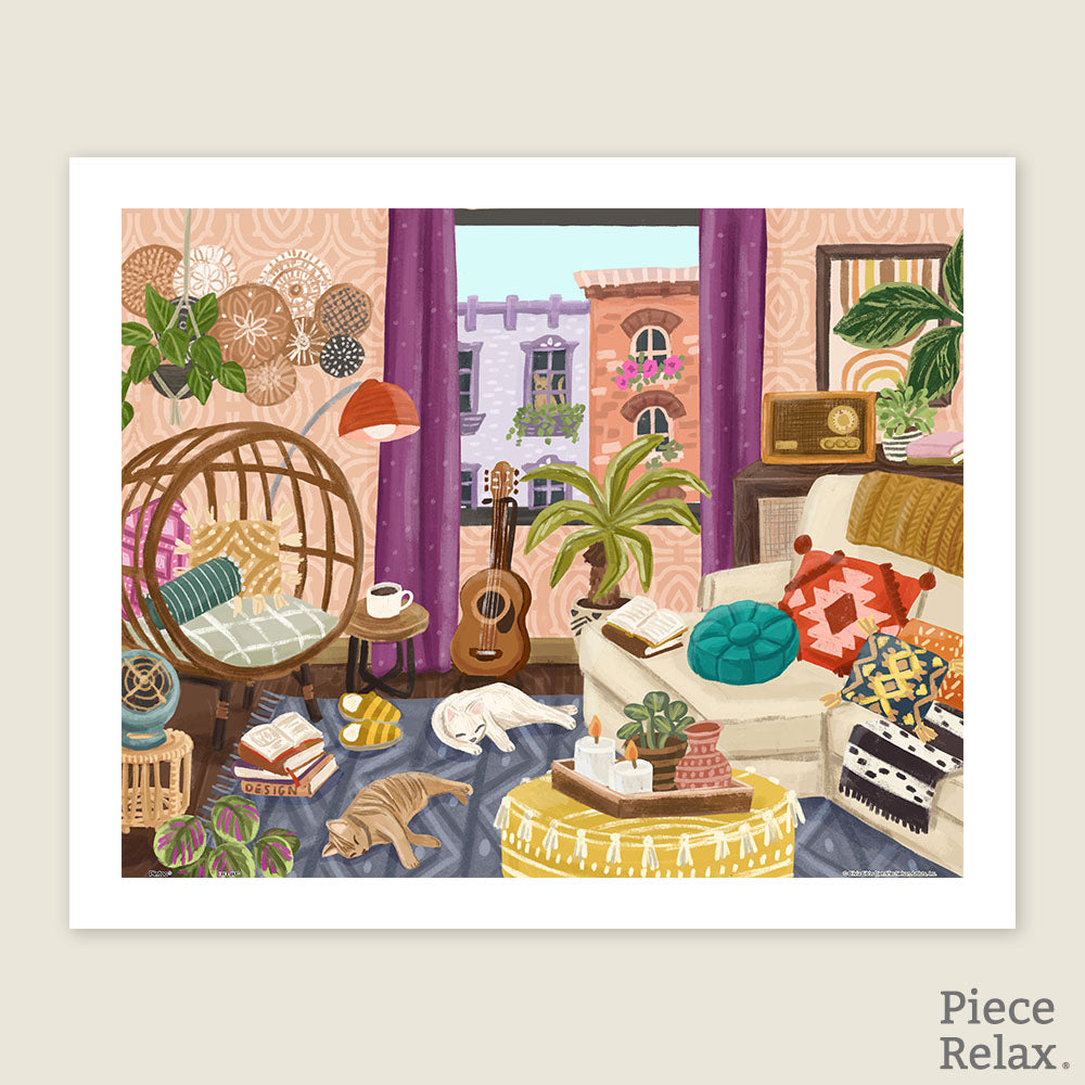 PieceRelax-Showpiece puzzle-500 piece.  Step into comfort with our 500 piece "Boho Interior" puzzle. Featuring a serene living space with a guitar, plants, and cats, this puzzle is a delight. With PieceRelax, you’ll always get there, enjoying every relaxing piece.