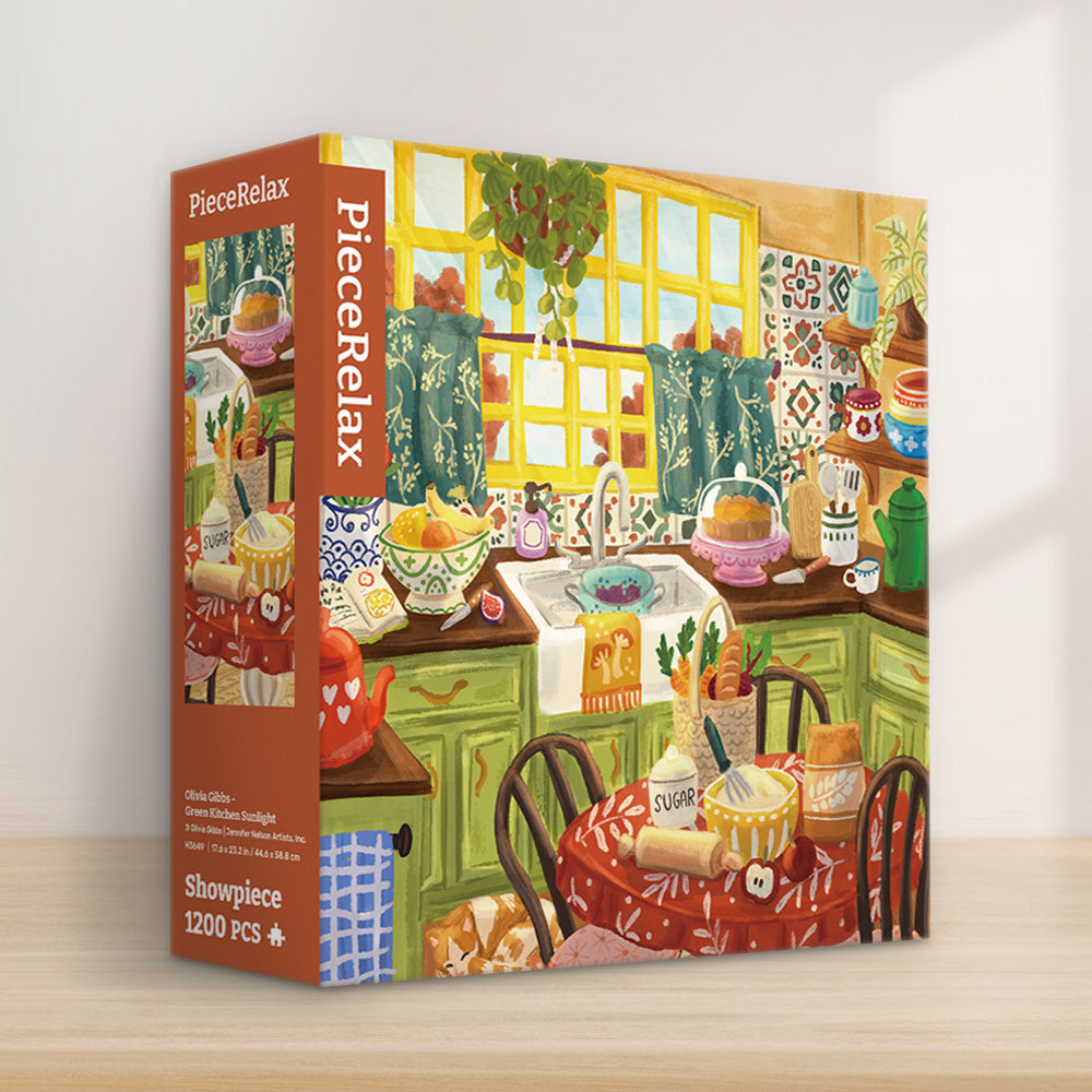 PieceRelax showpiece puzzle-1200 piece. Enjoy the homely charm with the "Green Kitchen Sunlight" puzzle. A vibrant kitchen filled with colorful ceramics and fresh ingredients makes this puzzle a joy. With PieceRelax, you’ll always get there, savoring each piece.