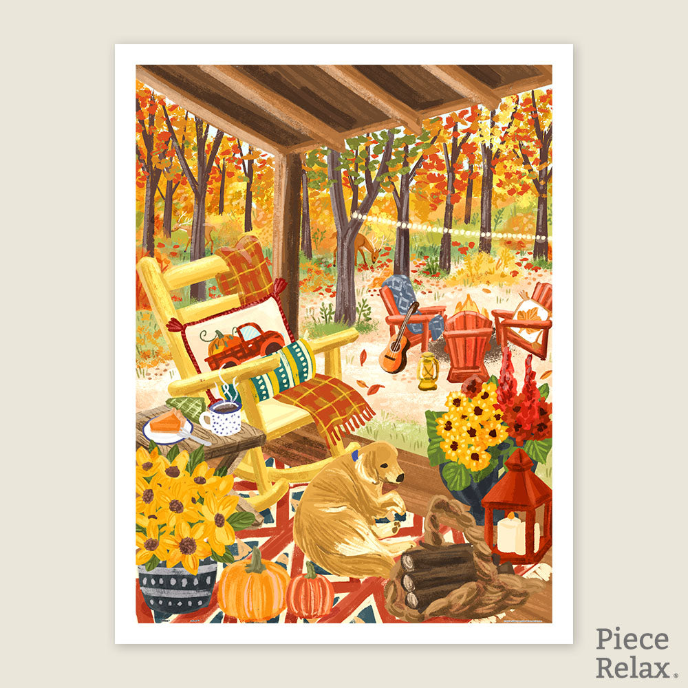 PiececRelax - Showpiece puzzle - 1200 piece.  Experience fall’s beauty with the "Fall Porch" puzzle. A cozy porch with pumpkins, flowers, and a playful dog captures the essence of autumn. With PieceRelax, you’ll always get there, enjoying each peaceful piece.