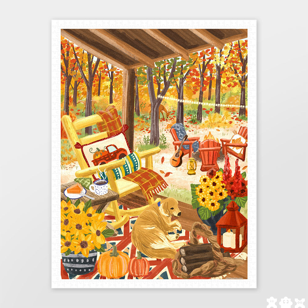 PiececRelax - Showpiece puzzle - 1200 piece.  Experience fall’s beauty with the "Fall Porch" puzzle. A cozy porch with pumpkins, flowers, and a playful dog captures the essence of autumn. With PieceRelax, you’ll always get there, enjoying each peaceful piece.