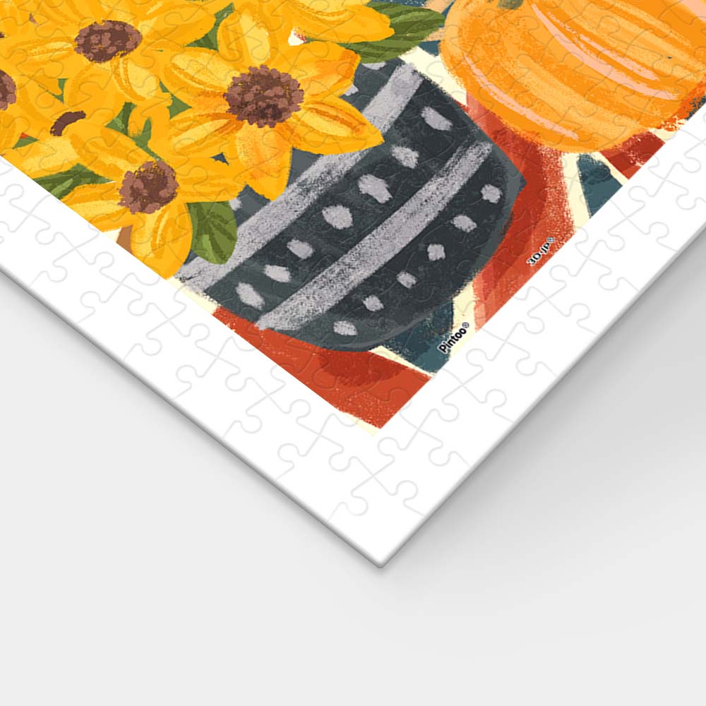 PiececRelax - Showpiece puzzle - 1200 piece.  Experience fall’s beauty with the "Fall Porch" puzzle. A cozy porch with pumpkins, flowers, and a playful dog captures the essence of autumn. With PieceRelax, you’ll always get there, enjoying each peaceful piece.