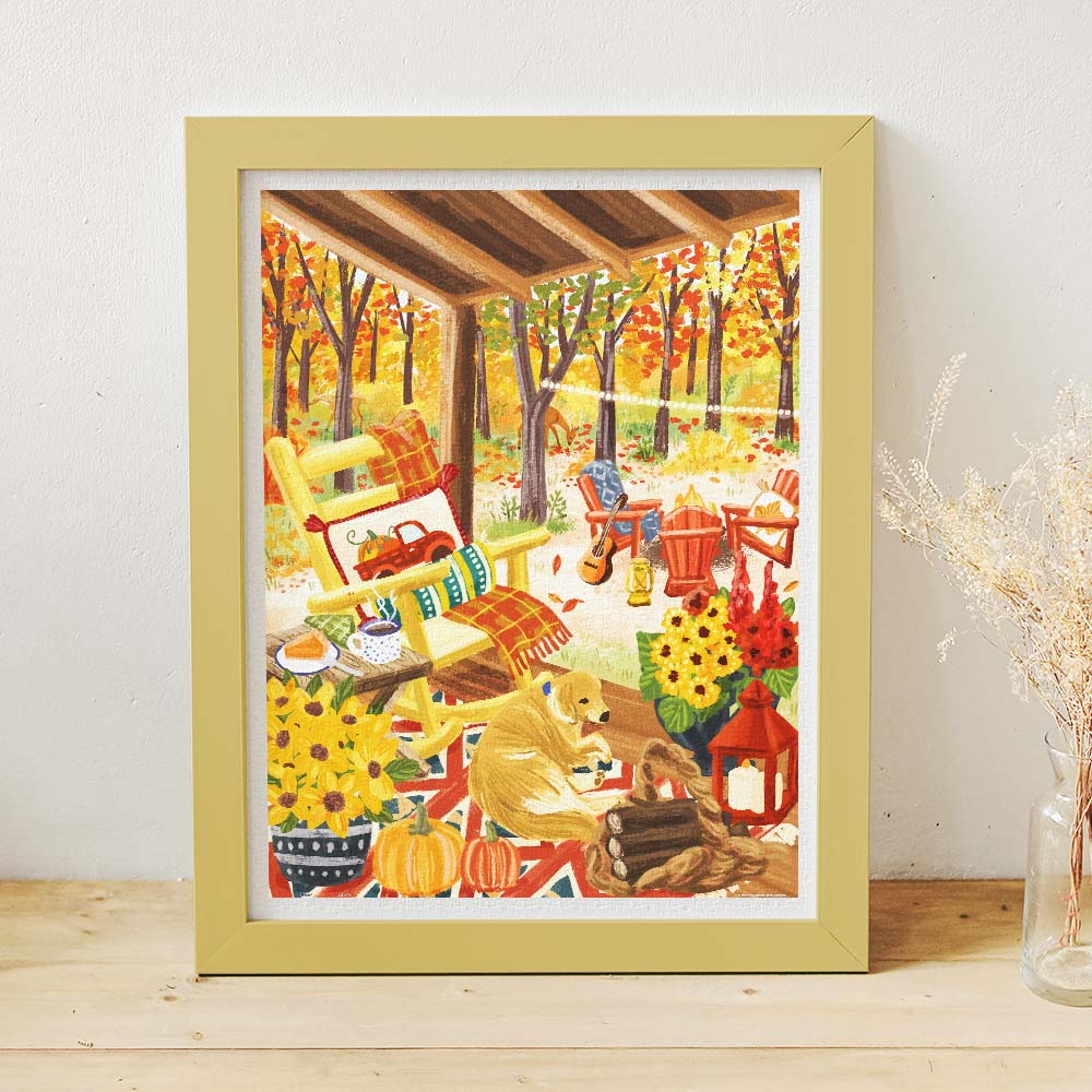 PiececRelax - Showpiece puzzle - 1200 piece.  Experience fall’s beauty with the "Fall Porch" puzzle. A cozy porch with pumpkins, flowers, and a playful dog captures the essence of autumn. With PieceRelax, you’ll always get there, enjoying each peaceful piece.