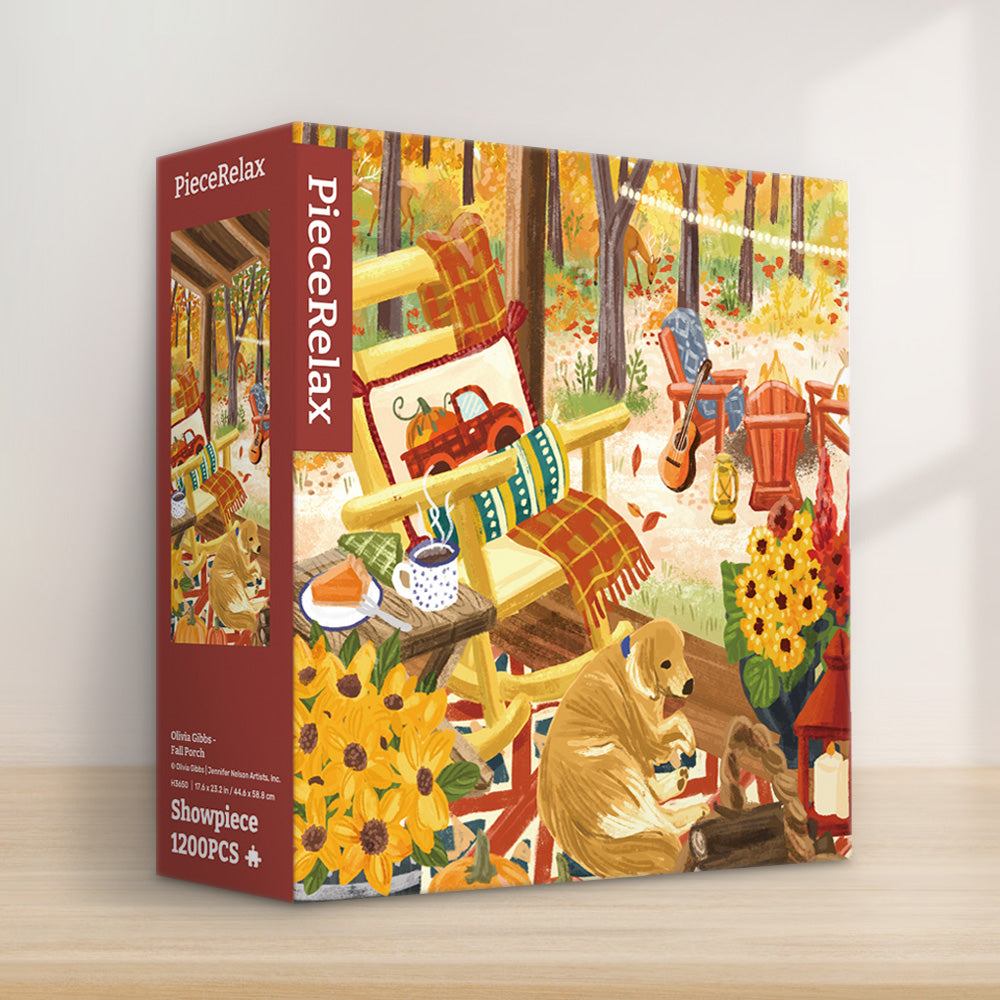 PiececRelax - Showpiece puzzle - 1200 piece.  Experience fall’s beauty with the "Fall Porch" puzzle. A cozy porch with pumpkins, flowers, and a playful dog captures the essence of autumn. With PieceRelax, you’ll always get there, enjoying each peaceful piece.