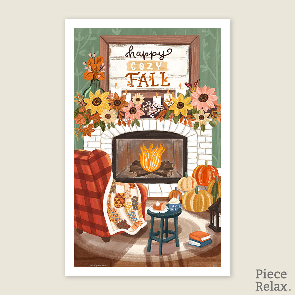 PieceRelax - Showpiece puzzle - 1000 piece. Celebrate the warmth of fall with the "Cozy Autumn Fireplace" puzzle. A welcoming fireplace scene with pumpkins and flowers invites you to relax. PieceRelax ensures you’ll always get there, embracing every cozy moment.