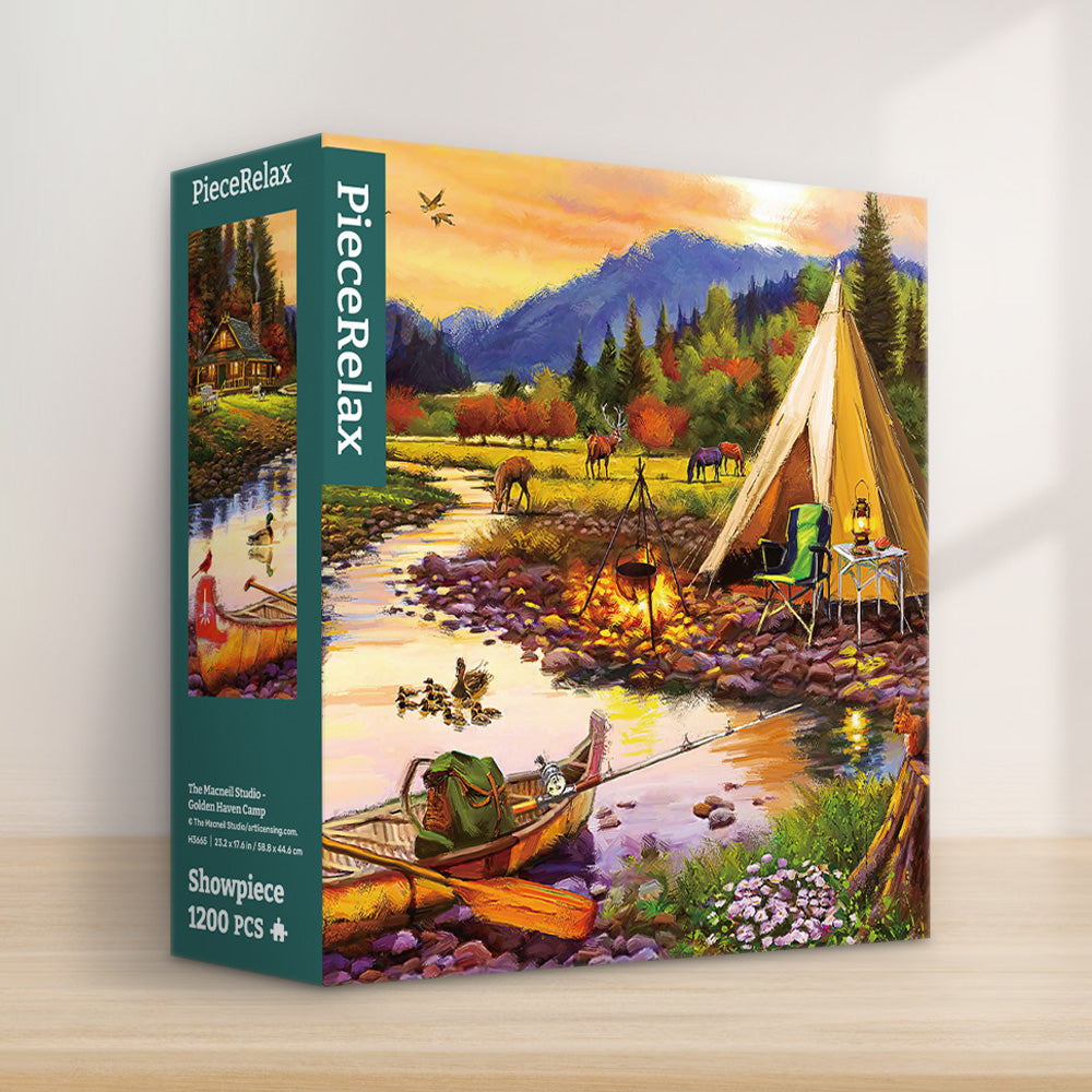 This 1200-piece puzzle beautifully captures a serene riverside campsite at sunset, with cozy cabins, peaceful waters, and wildlife all around. 