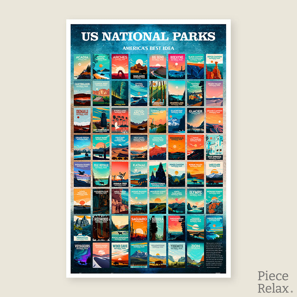 Embark on a scenic adventure with the PieceRelax US National Parks Puzzle! Featuring vibrant vintage posters of America’s most iconic parks. A perfect way to unwind, connect with nature, and remember: You’ll Always Get There with PieceRelax.&nbsp;