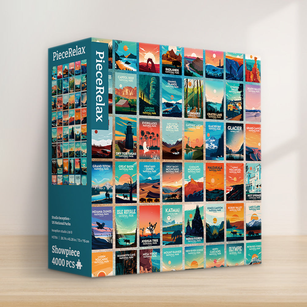 Embark on a scenic adventure with the PieceRelax US National Parks Puzzle! Featuring vibrant vintage posters of America’s most iconic parks. A perfect way to unwind, connect with nature, and remember: You’ll Always Get There with PieceRelax.&nbsp;