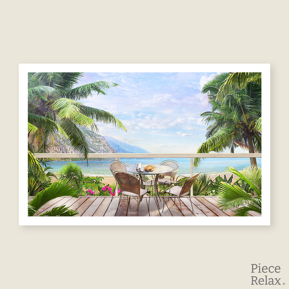 Escape to paradise with PieceRelax! This serene scene of ocean views, lush palms, and a cozy breakfast spot will transport you to a relaxing getaway. Piece by piece, unwind and enjoy the journey—You’ll Always Get There with PieceRelax.