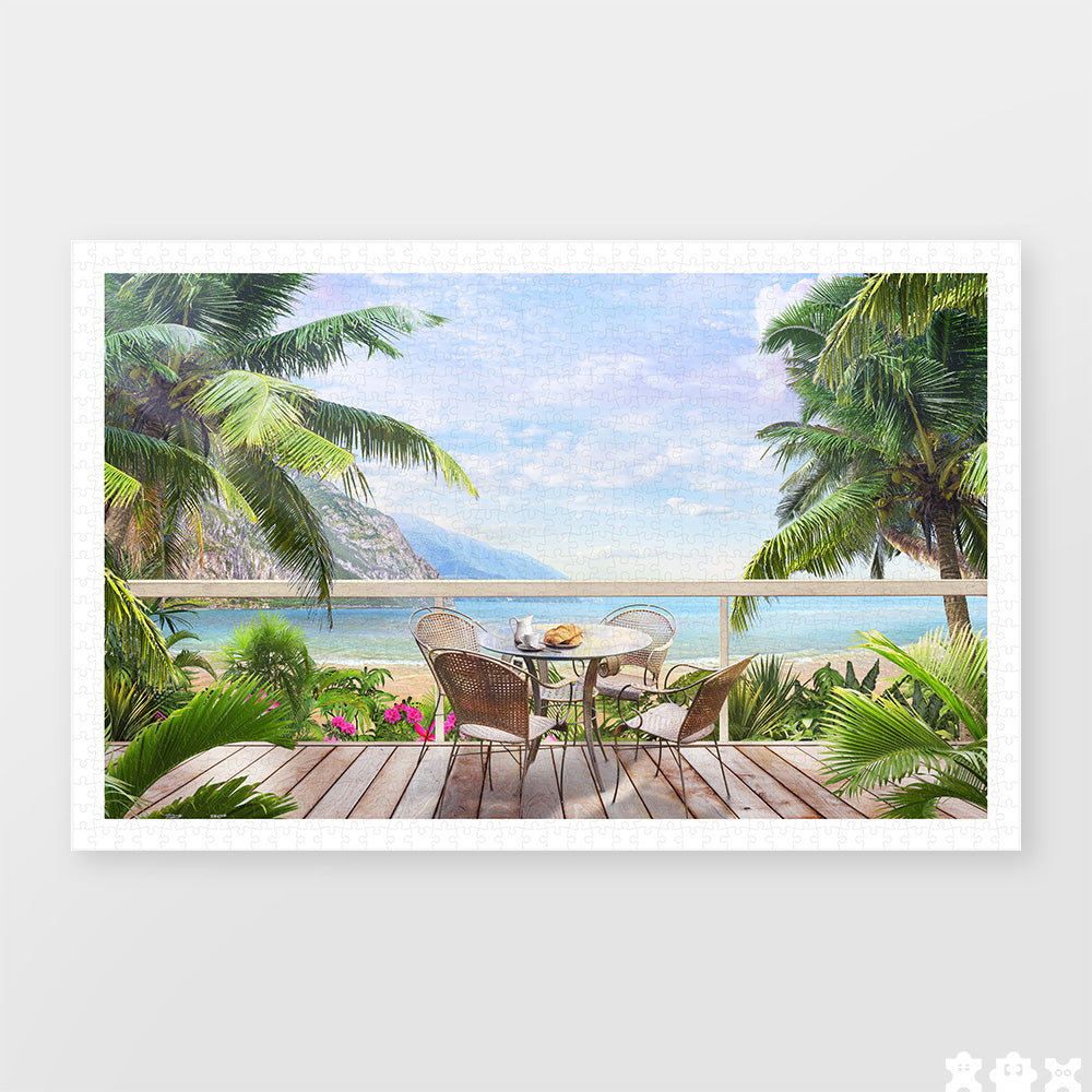 Escape to paradise with PieceRelax! This serene scene of ocean views, lush palms, and a cozy breakfast spot will transport you to a relaxing getaway. Piece by piece, unwind and enjoy the journey—You’ll Always Get There with PieceRelax.