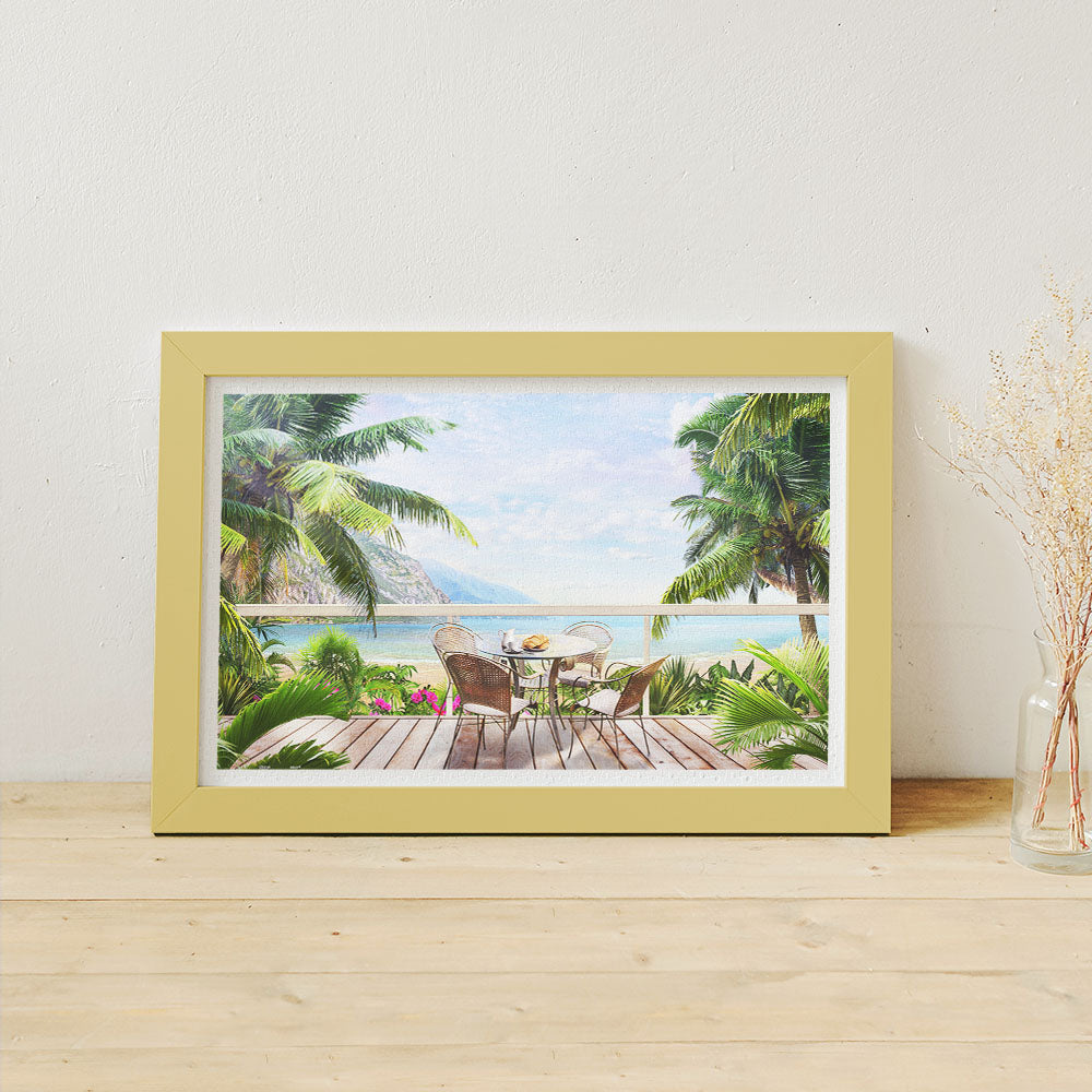 Escape to paradise with PieceRelax! This serene scene of ocean views, lush palms, and a cozy breakfast spot will transport you to a relaxing getaway. Piece by piece, unwind and enjoy the journey—You’ll Always Get There with PieceRelax.