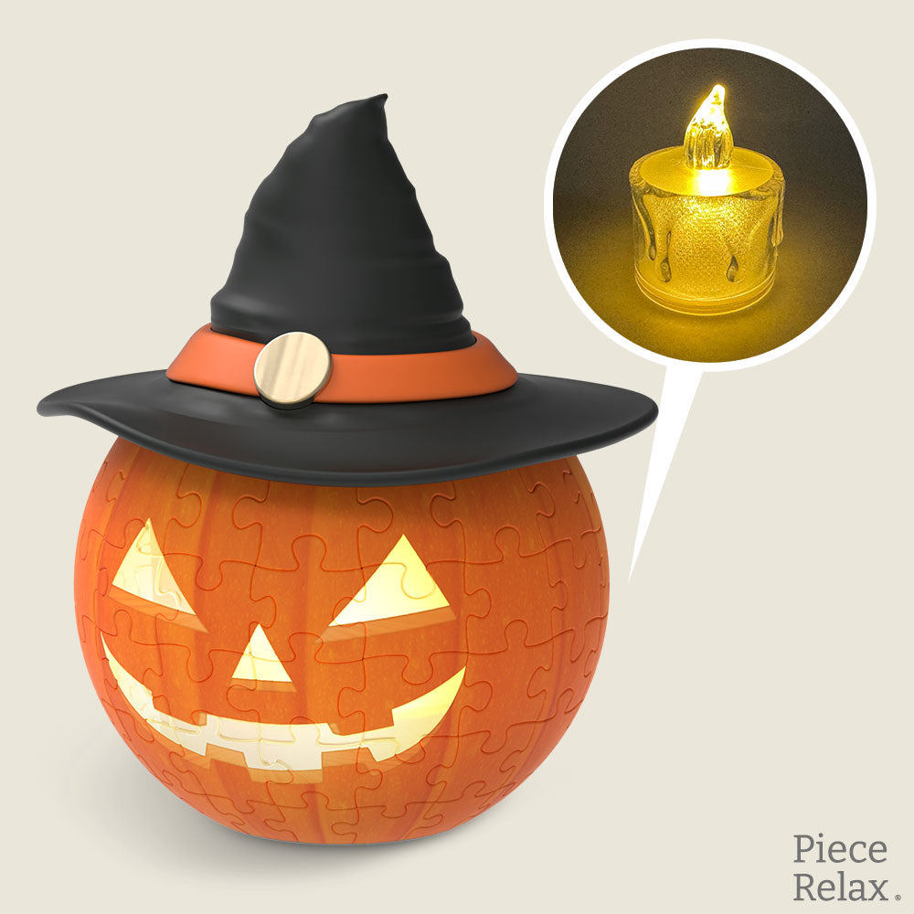 PieceRelax - Puzzle Candle Light - Make your Halloween unforgettable with the "Magic Jack Puzzle Candle Light." This enchanting decoration features a smiling jack-o-lantern with a witch's hat and flickering LED light. Perfect for indoor and outdoor decor, it combines spooky charm with the fun of puzzle assembly. With PieceRelax, you’ll always get there, creating a festive atmosphere.