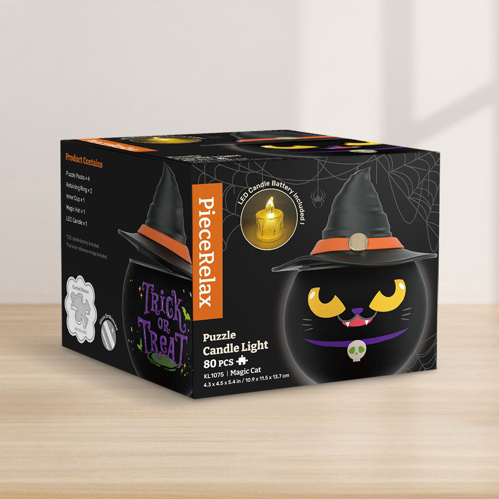 PieceRelax - Puzzle Candle Light - Magic Cat Puzzle Candle Light." This captivating 3D puzzle features a mysterious black cat wearing a witch's hat, illuminated by a flickering LED light. Perfect for adding a touch of magic and fun to your home, it’s an eye-catching decoration for any room. With PieceRelax, you’ll always get there, making every Halloween special.