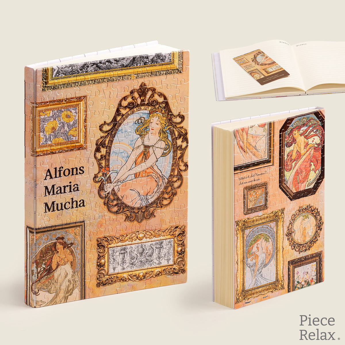 PieceRelax Puzzle Journal blend timeless art with modern design. Transparent cut-outs let you add a personal touch with photos or mementos. Each notebook is a canvas for your unique story.