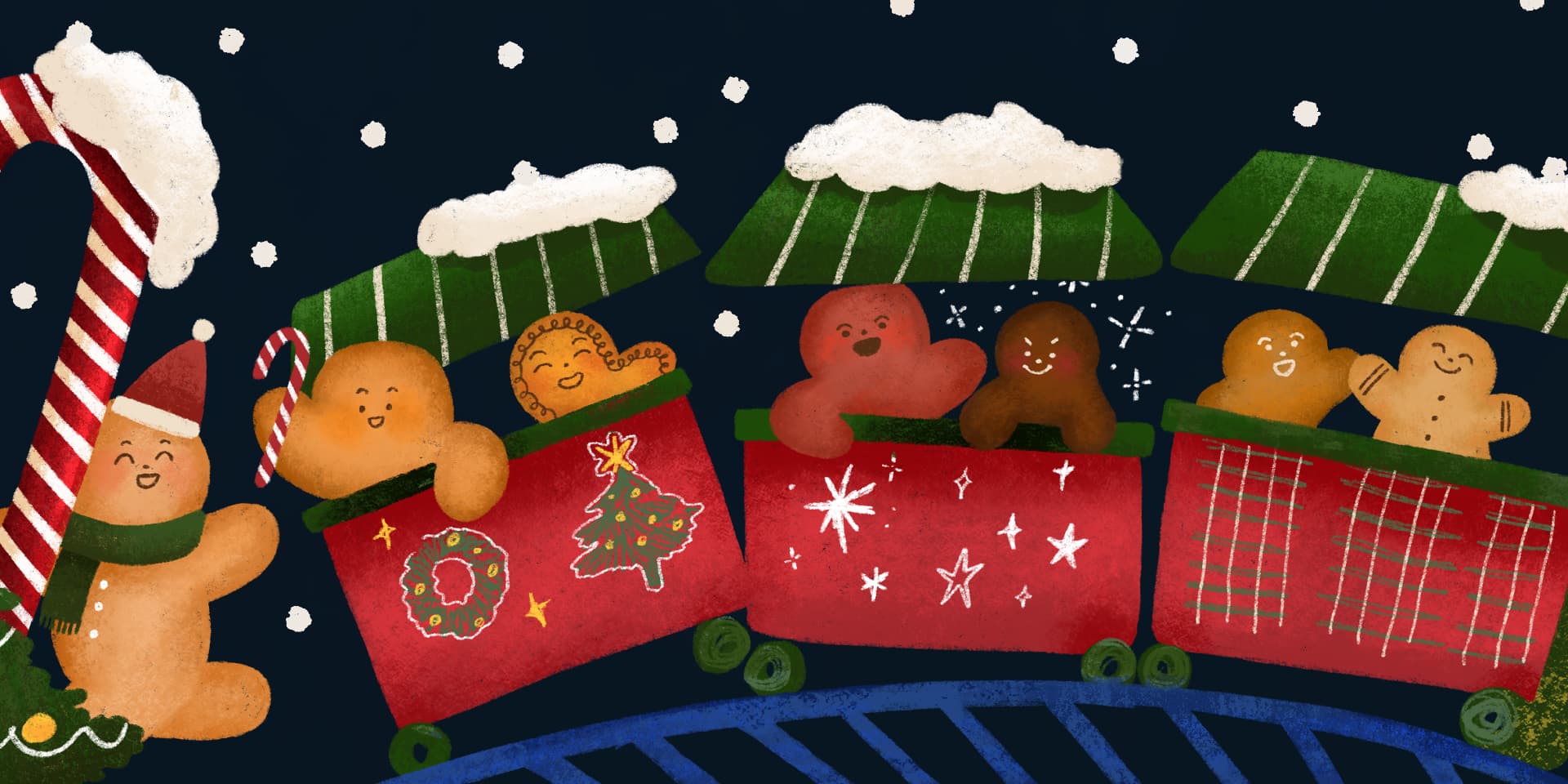 PieceRelax-2024 Advent calendar puzzle! Gingerbread figures riding a festive train through a winter wonderland.