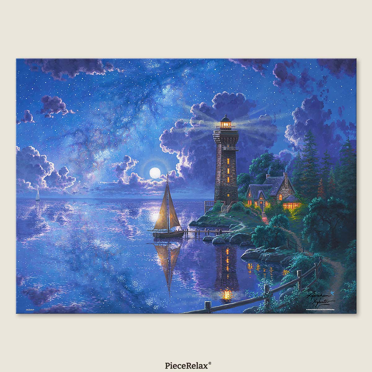 Moonlight and lighthouse shine together — a beacon for every soul returning in the night. You’ll Always Get There with PieceRelax.