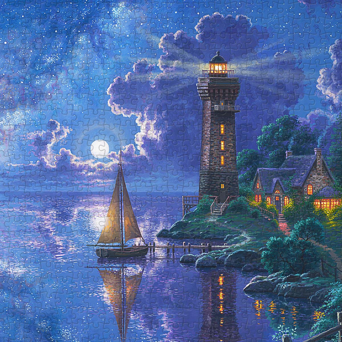 Moonlight and lighthouse shine together — a beacon for every soul returning in the night. You’ll Always Get There with PieceRelax.