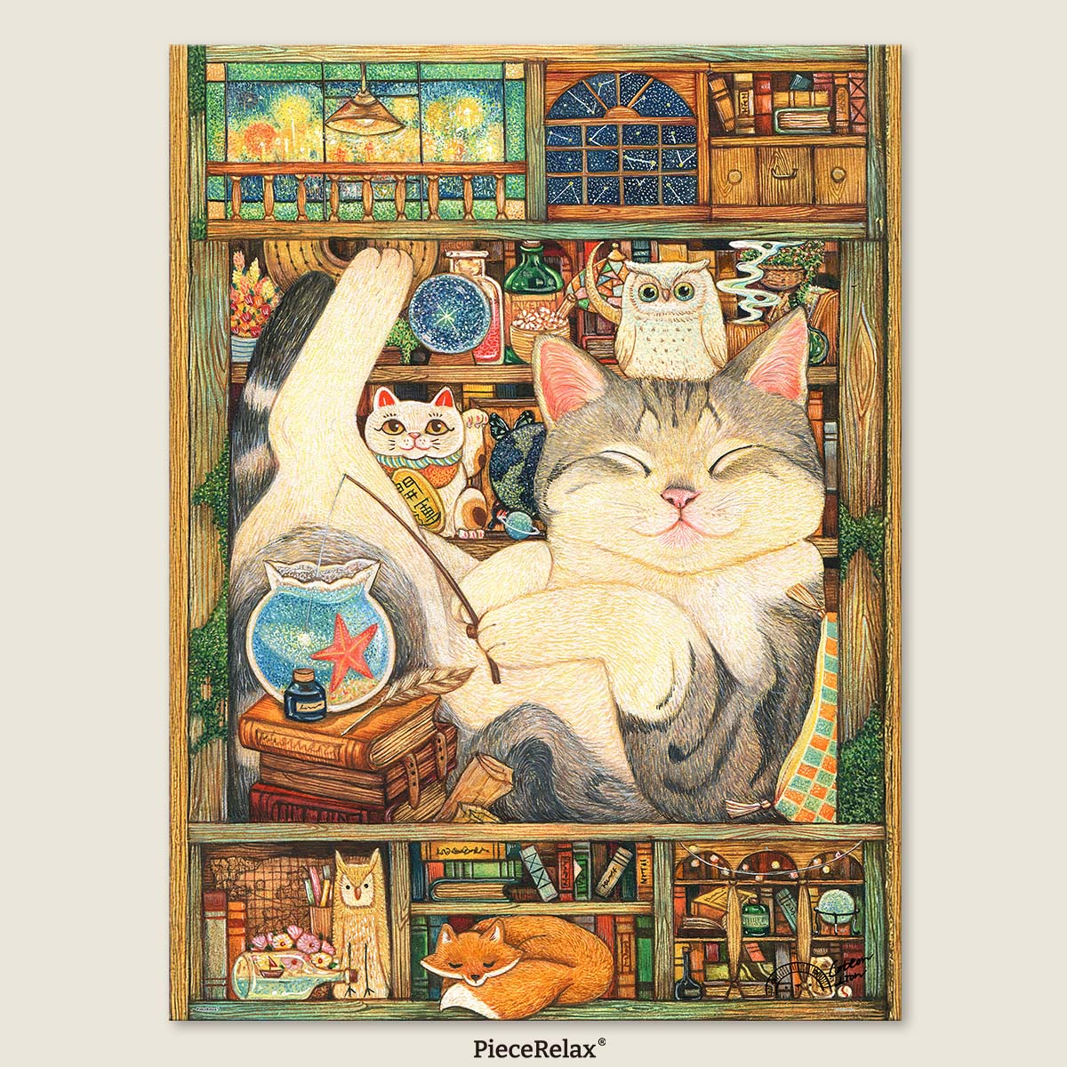 The stars are out, and your feline friend is ready to rest — find a quiet corner and join the calm.