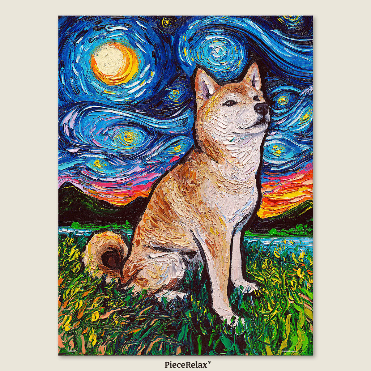 Meet our Energetic Shiba Inu Under the Colorful Sky Puzzle – a joyful and heartwarming design that captures the playful spirit of a Shiba Inu who just can't wait to explore the world every day.
