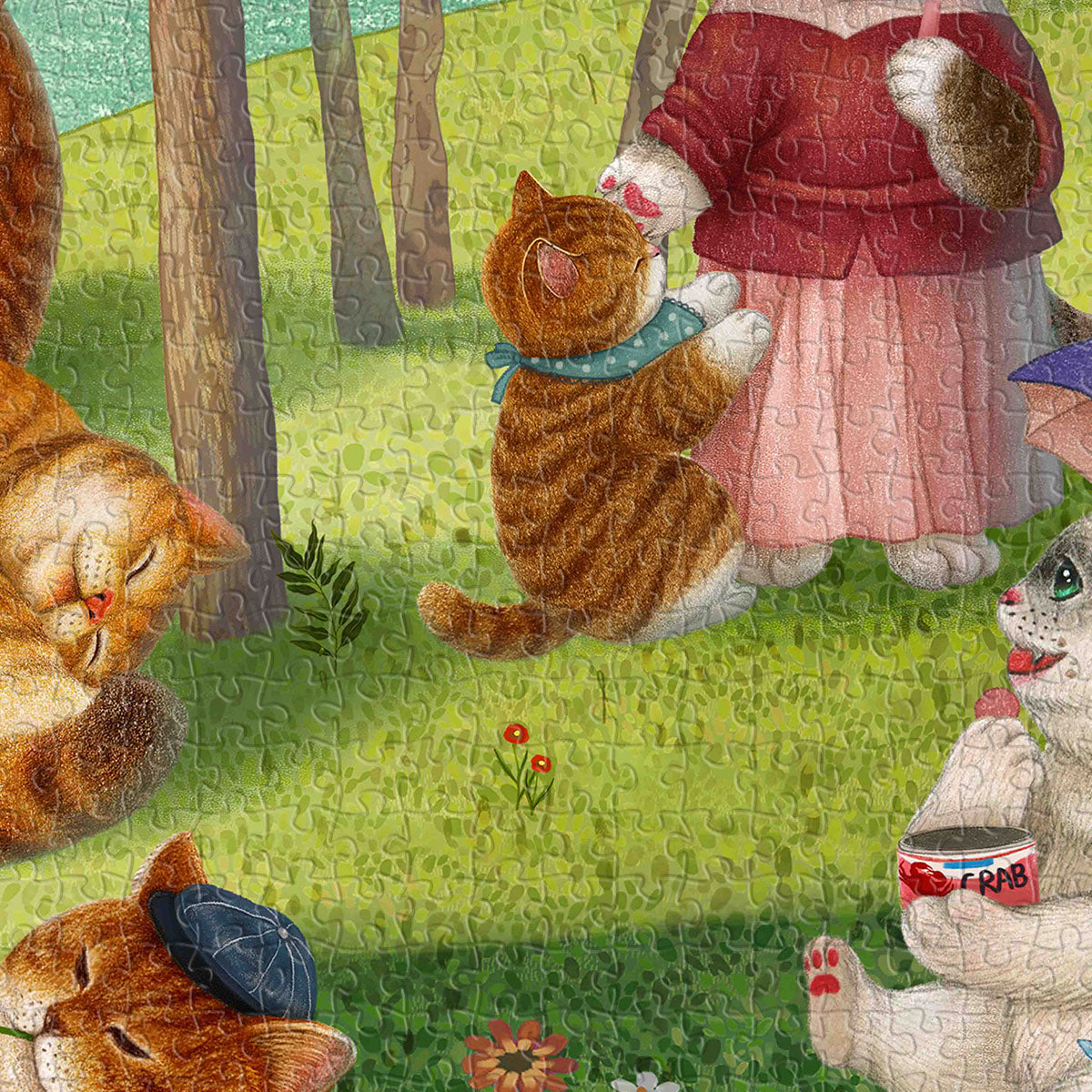 A charming reinterpretation of the classic masterpiece A Sunday Afternoon on the Island of La Grande Jatte. In this playful and artistic version, the serene riverside scene comes to life with a delightful cat basking in the warm sunlight.