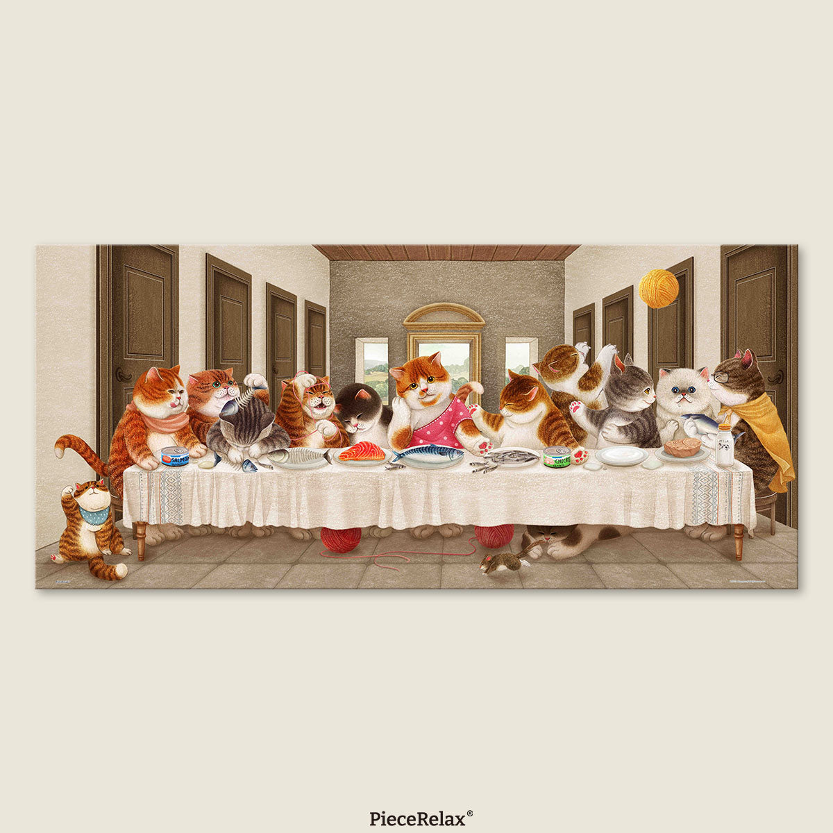 A playful feline reinterpretation of Leonardo da Vinci's timeless masterpiece The Last Supper. This creative version replaces the iconic figures with charming cats, each full of expression and personality, gathered around the table in a scene that's both elegant and irresistibly funny.
