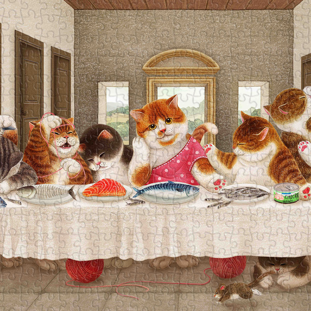 A playful feline reinterpretation of Leonardo da Vinci's timeless masterpiece The Last Supper. This creative version replaces the iconic figures with charming cats, each full of expression and personality, gathered around the table in a scene that's both elegant and irresistibly funny.