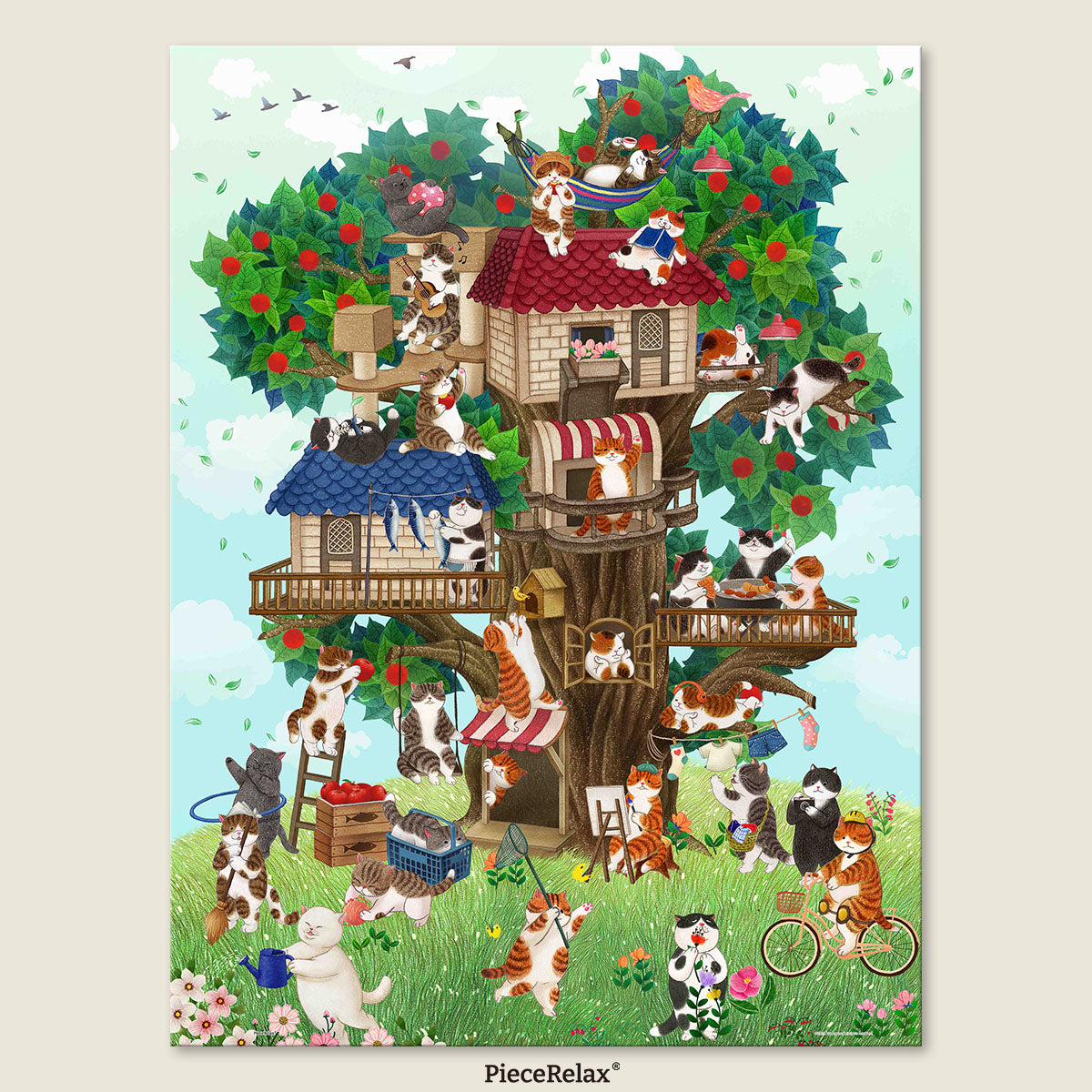 Escape into a world of calm and cuteness with our Cats in the Treehouse Puzzle, where a family of cats lives peacefully in their cozy treetop home.