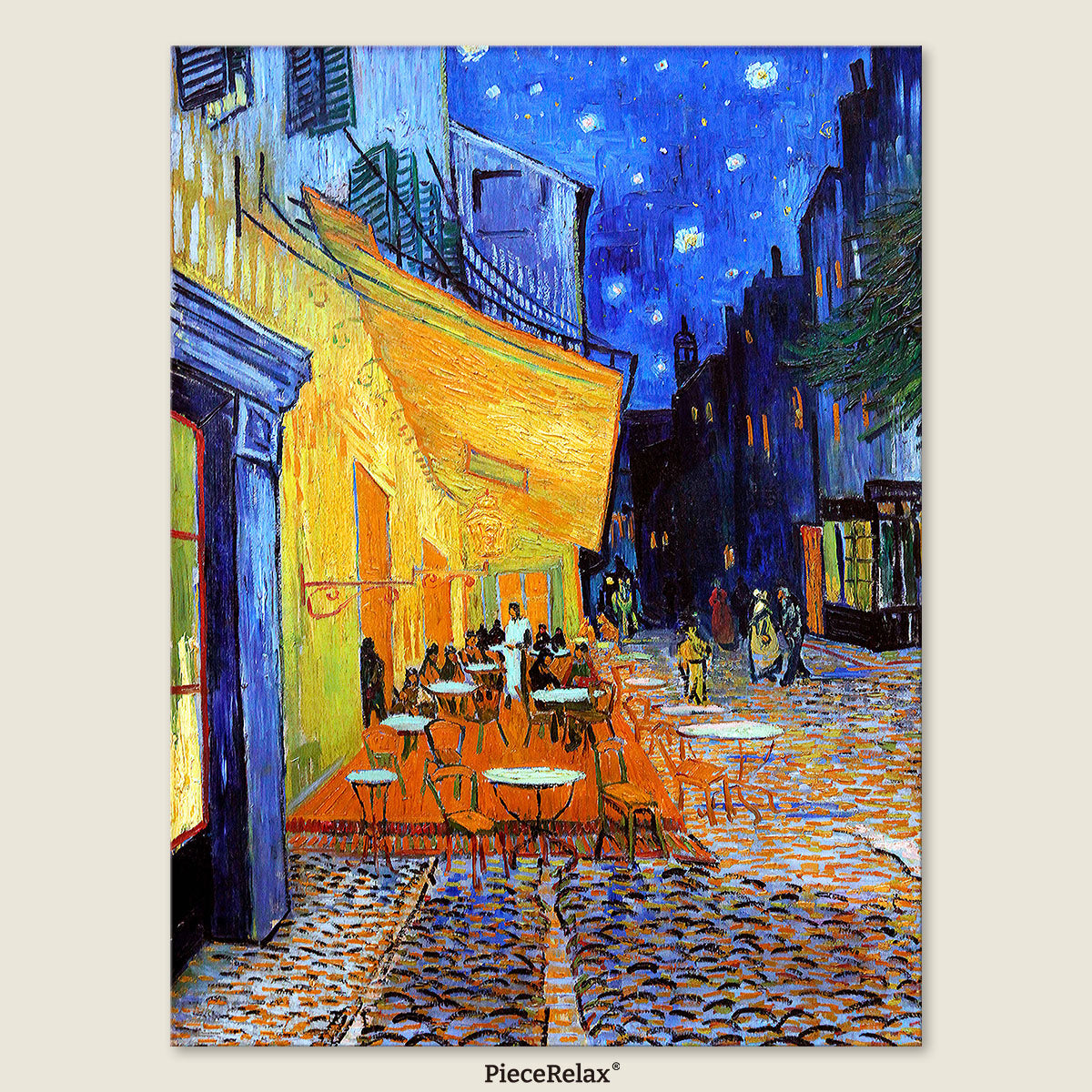 Under a sky filled with swirling stars and golden light, a cozy café awaits — alive with charm, conversation, and the comforting scent of fresh coffee.