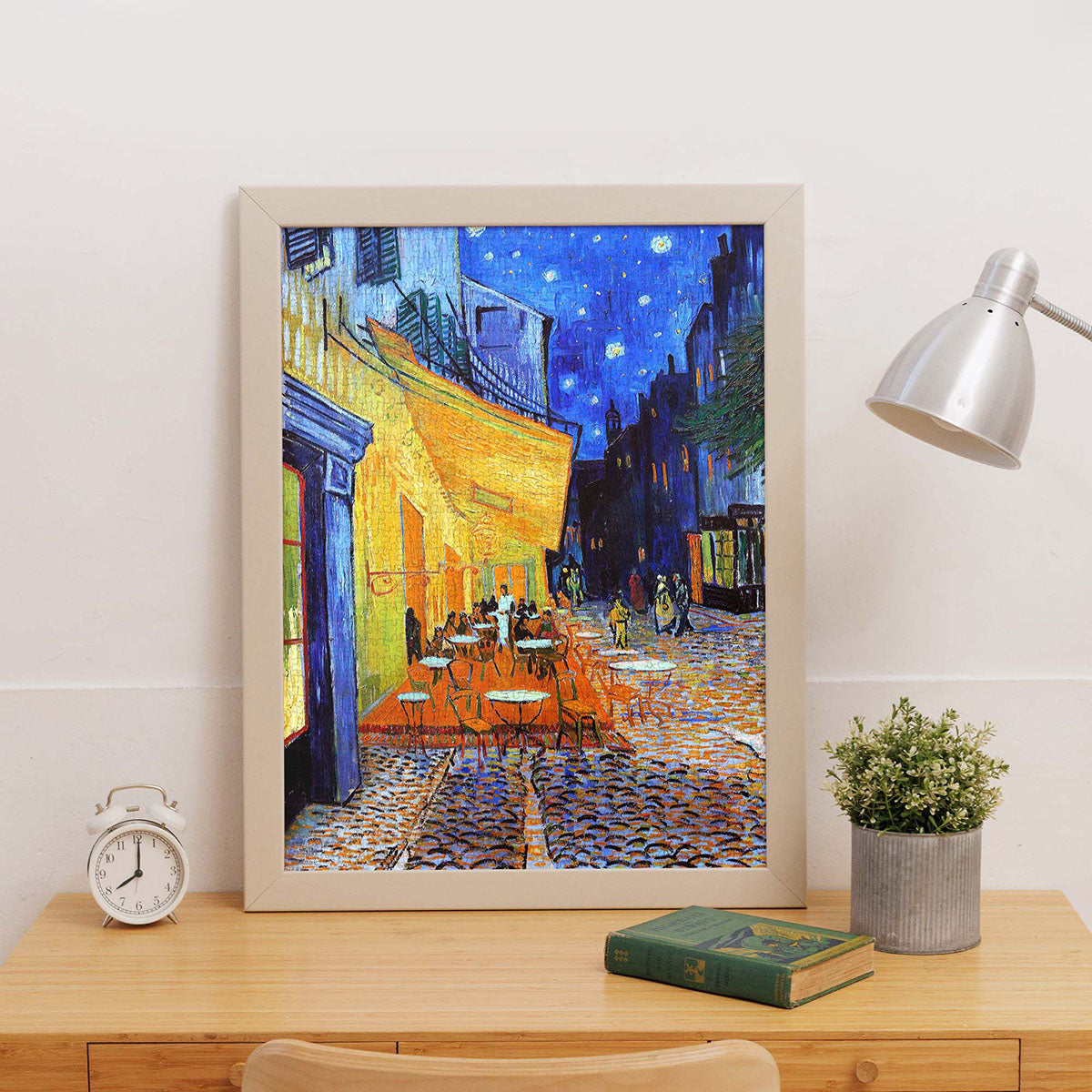 Under a sky filled with swirling stars and golden light, a cozy café awaits — alive with charm, conversation, and the comforting scent of fresh coffee.