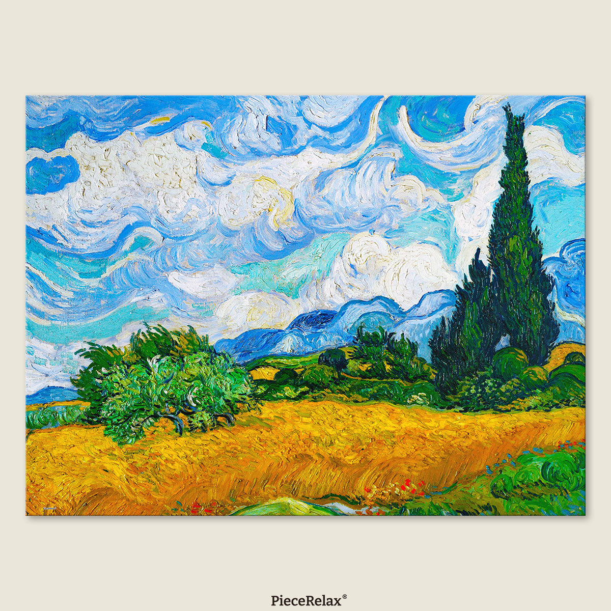 In this mesmerizing artwork, the wheat fields sway like waves beneath a swirling blue sky, while tall cypress trees stand as graceful sentinels in the wind.